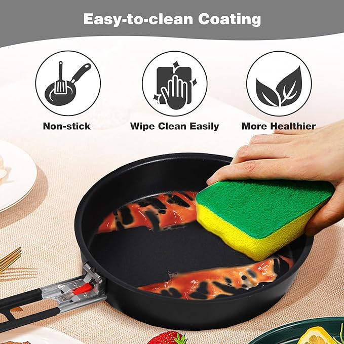 REDCAMP Camping Cookware Mess Kit with Folding Handle, Lightweight Non-Stick Camping Cooking Pot and Frying Pan with Mesh Bag for Outdoor Hiking Backpacking Picnic