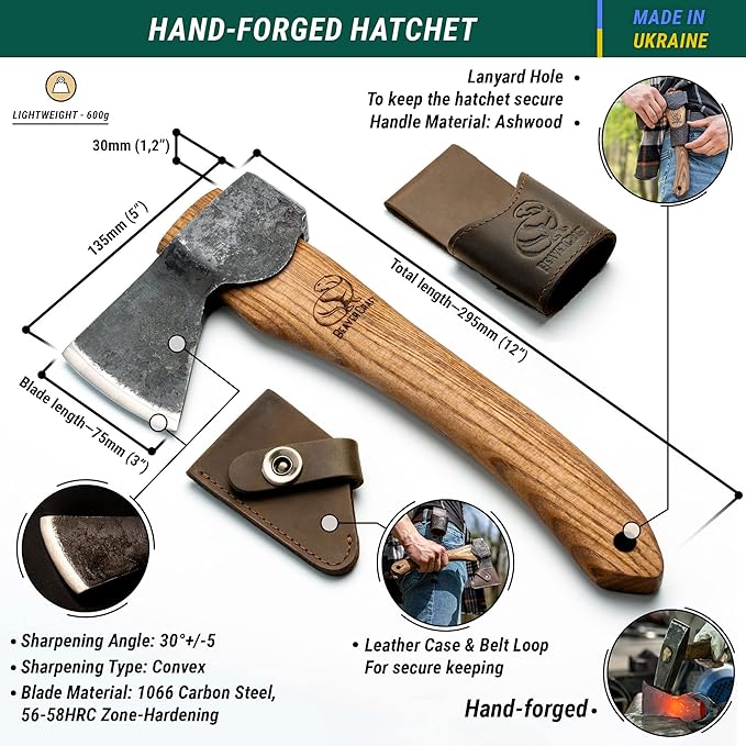 BeaverCraft Hand Forged Hatchet Axe with Sheath AX1 - Bushcraft Hatchet Camping Small Forest Axe Survival Hatchet Carving Axe for Chopping Wood - Camp Splitting Axe Gardening Axes Wood Cutting Axe
