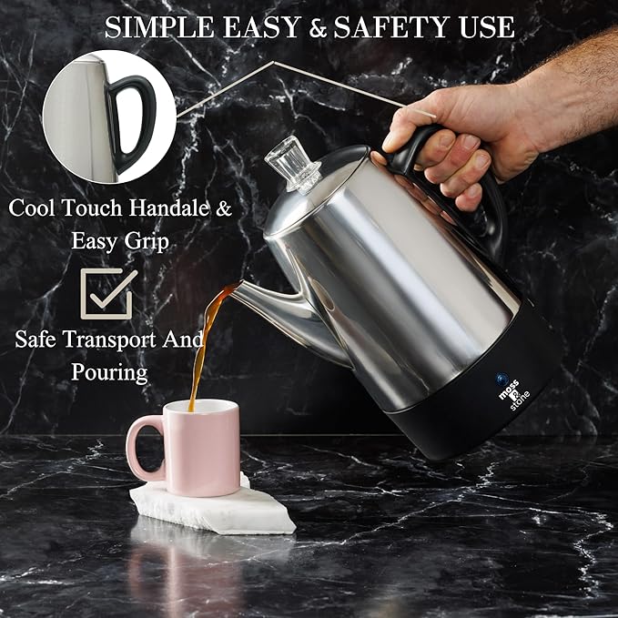 Moss & Stone Percolator Coffee Pot Electric 10 Cup, Stainless Steel Coffee Maker, Coffee Percolator Electric With Keep Warm Function, 10 Cups Stainless Steel Percolator With Coffee Basket