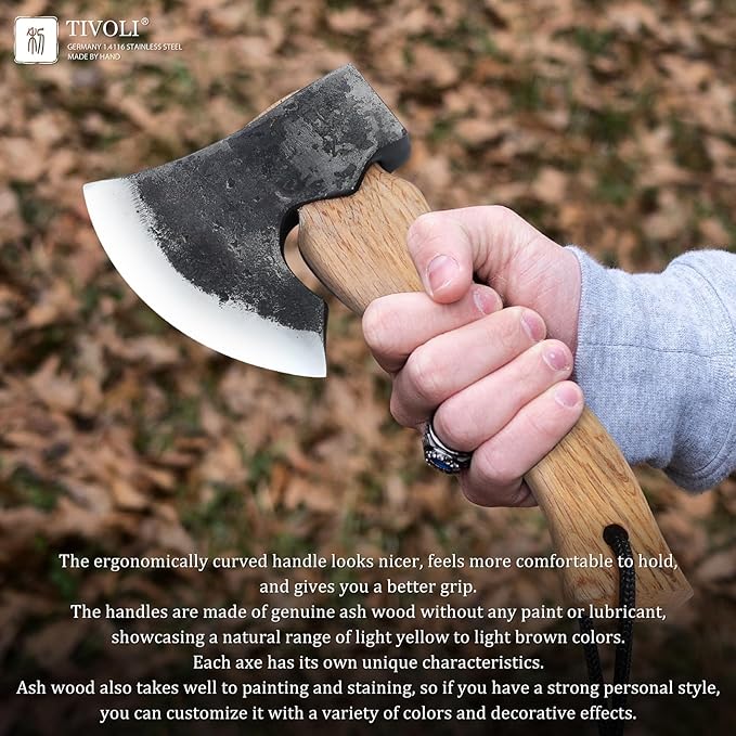 Tivoli 9-inch Small Hatchet Camping Axe, Small Bushcraft Axe for Chopping Wood, Survival Axes and Hatchets, Hand Forged Carbon Steel Carving Axe, Ash Wood Handle, Retro Sheath