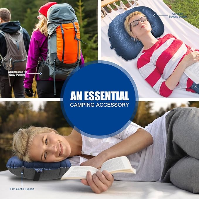 DAWNTREES Inflatable Pillow for Camping,Portable Compressible Ultra-light Travel Inflatable Pillow for Sleeping,Support The Neck and Lumbar,Backpacking Essentials (Blue)