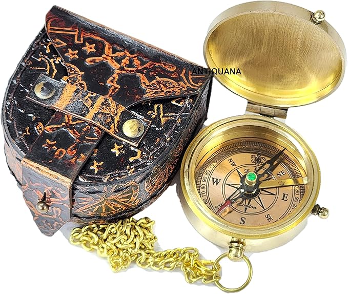 Brass Compass Unique Print ' Happy Anniversary ' Engraved Compass with Leather Case and Chain A Great Gift Item for Your Loved One