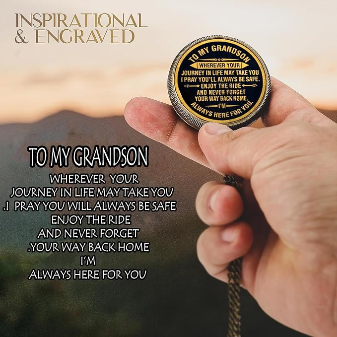 Gift for Grandson Brass Compass Engraved Quote | Memory Present to My Grandson Birthday, Baptism, Graduation, Confirmation, Love, Gift idea by Grandpa Grandma, 2025 Gift