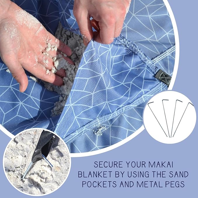 Makai – Lightweight Sheet Style Beach Blanket, Sand Dosen't Stick, Extra Large 8’ x 9’, Compact Strong Parachute Nylon Beach Mat, Stays Cool, Quick Drying, Multifunctional