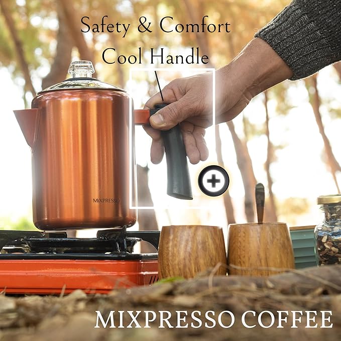 Mixpresso Copper Stainless Steel Coffee Percolator Stovetop, 37oz Classic Percolator Coffee Pot, Excellent For Camping Pot, 5-8 Cup Stove Top Coffee Maker, Cool-Touch Handle