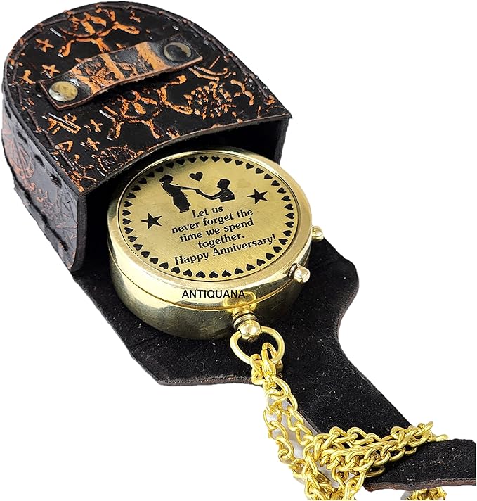 Brass Compass Unique Print ' Happy Anniversary ' Engraved Compass with Leather Case and Chain A Great Gift Item for Your Loved One