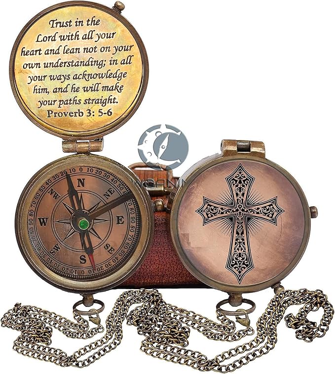 Trust in The Lord with All Your Heart -Proverbs 3: 5-6 Quote Engraved Compass with Leather Box, Compass Gift, 2023 Graduation Day Gifts- Baptism Gifts Compass