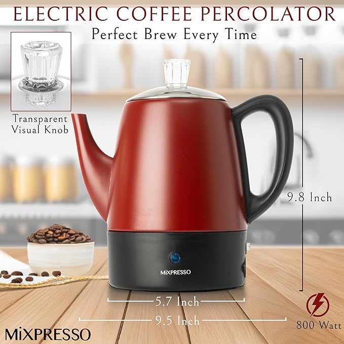 Mixpresso Red Small Percolator Coffee Pot Electric 4 Cup, Stainless Steel Coffee Maker, Coffee Percolator Electric With Keep Warm Function, 4 Cups Stainless Steel Perculator With Basket