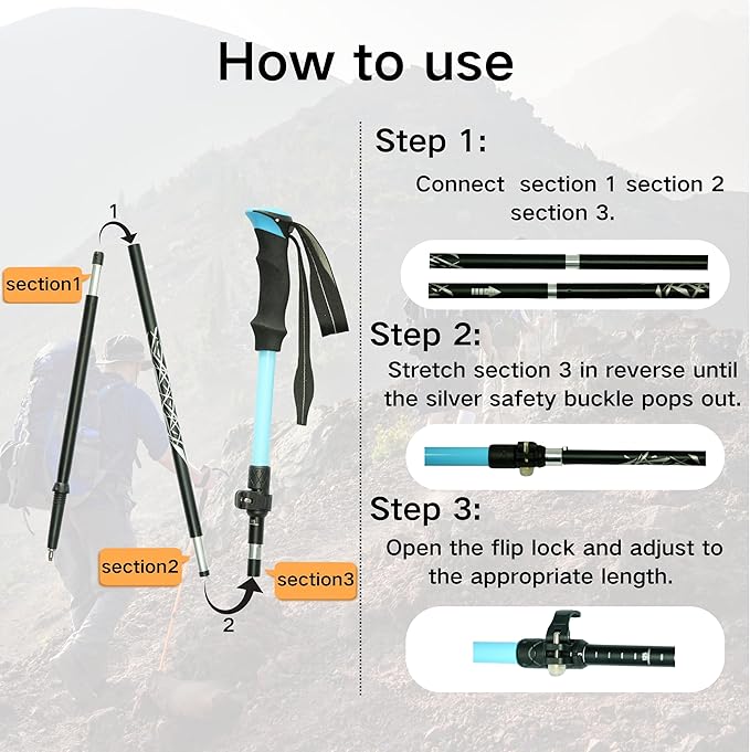 Folding Trekking Poles, Hiking Travel Poles, Hiking Equipment, Lightweight Trekking Poles, Suitable for Men and Women, The Elderly and Children,with an Outdoor Compass