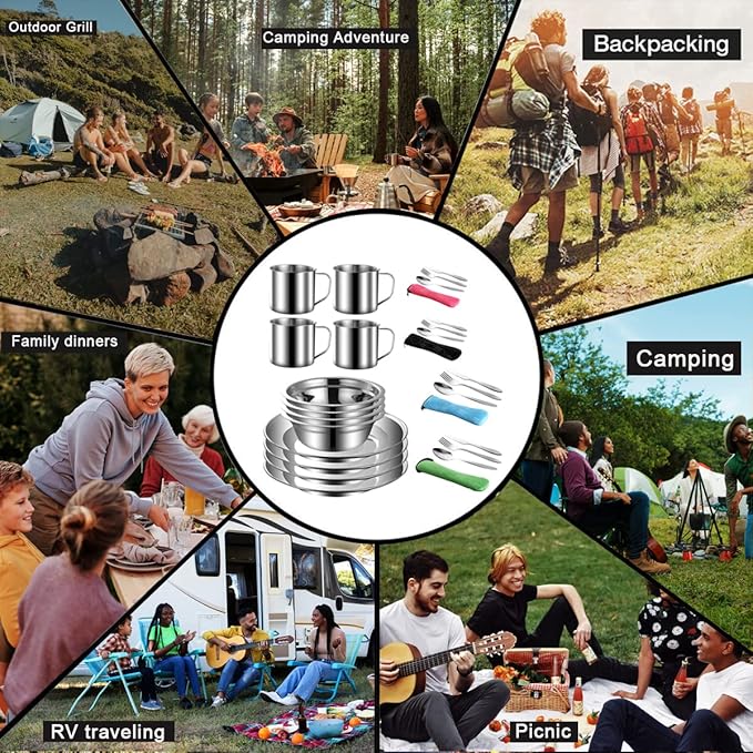 Outdoor Camping Mess Kit, Stainless Steel Tableware Mess Kit includes Plate Bowl Cup Spoon Fork Knife in Mesh Bags for Camping Backpacking & Hiking for 4 Person