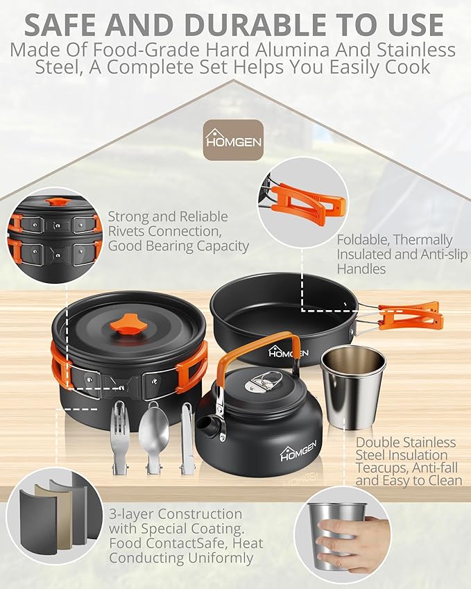 HOMGEN Camping Cooking Set Camping Pots and Pans Set Aluminium Camping Cookware Kit Protable Cooking Mess Kit Lightweight Camping Cooking Equipment for 2-3 People Perfect for Camping Picnic Hiking etc