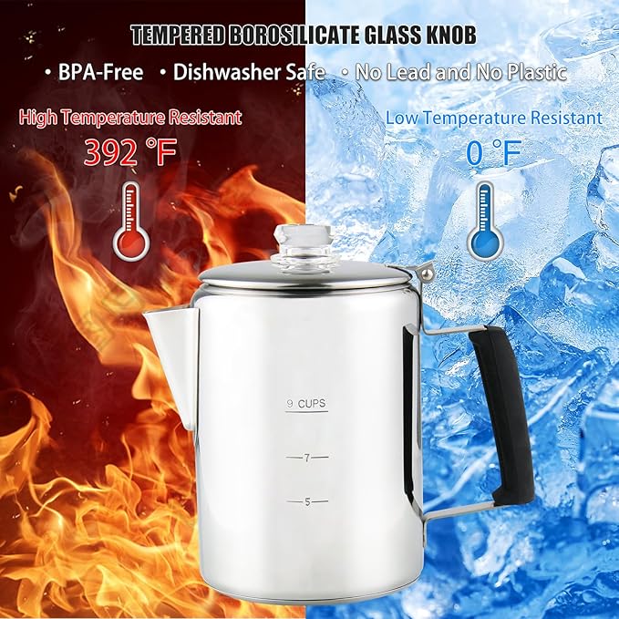 Multi Use 9 Cup Coffee Pot Bundle Coffee Percolator with 2 Mugs Stainless Steel Coffee Maker with Two Heat Resistant Borosilicate Glass Knob Fireproof Silica Handle Using on any Stovetop