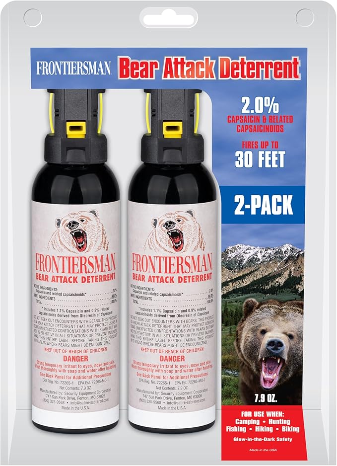 SABRE Frontiersman 7.9 fl oz. Bear Spray, Maximum Strength 2.0% Major Capsaicinoids, Powerful 30 ft. Range Bear Deterrent, Outdoor Camping & Hiking Protection, Quick Draw Holster & Multipack Options