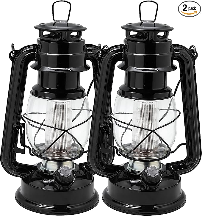 YAKii LED Vintage Lantern Metal Hanging Hurricane Lantern 12 LED Dimmer Switch Warm White Battery Operated Lantern Power Outage Indoor Camping Lighting Outdoor Brooklyn Lantern (Black 2 Pack)