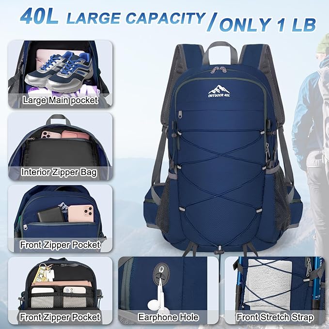 BKNOOU 40L Lightweight Hiking Backpack Packable Camping Backpack Waterproof Hiking Daypack Men Women Foldable Travel Daypack