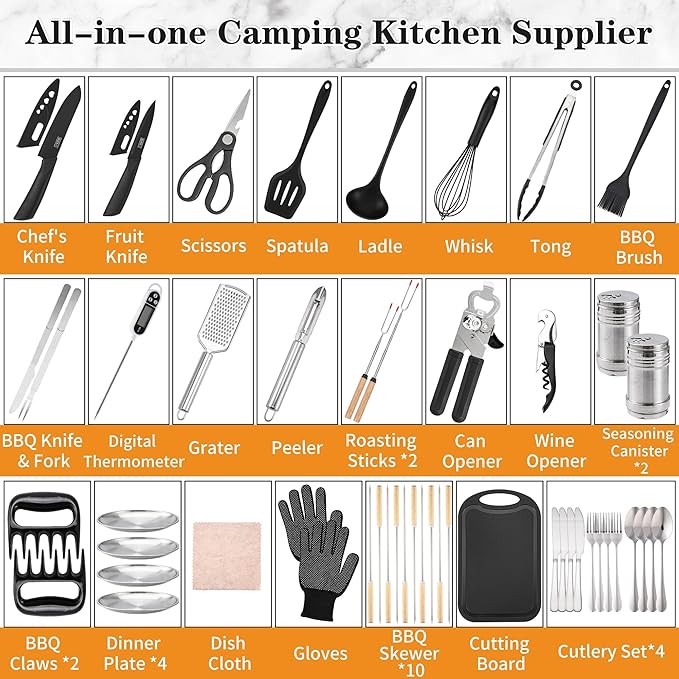 Camping Essentials Cookware Cooking Utensils Set - Camping Kitchen Utensils, Portable Outdoor Accessories, Stainless Steel & Silicone, Camping Gear Equipment for RV Picnic Grill