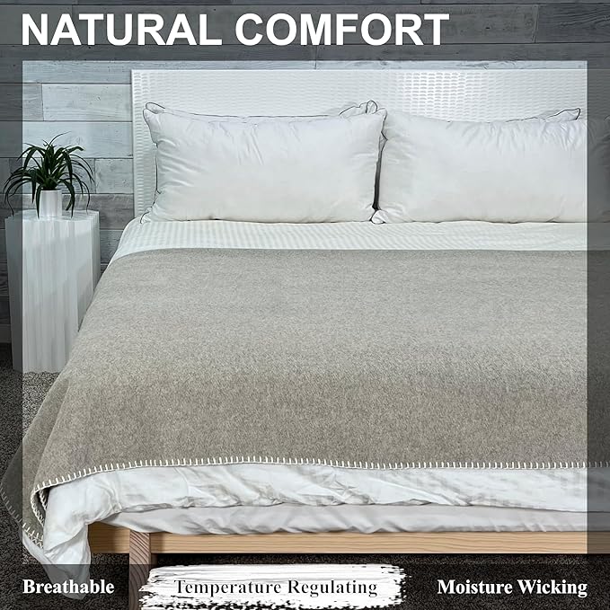 EKTOS 100% Virgin Wool Blanket, 90" x 108", Temperature Regulating, Perfect for Bed (Light Gray, King Size)
