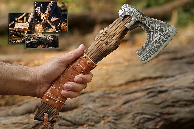 13” Inch Viking Axe- Ash Wood Handle Hatchets and Axes with Leather Wrap, Wood Splitting Axe, Camping Axe, Throwing Axes and Tomahawks - Gift for Father’s day, Husband(Rare Viking)