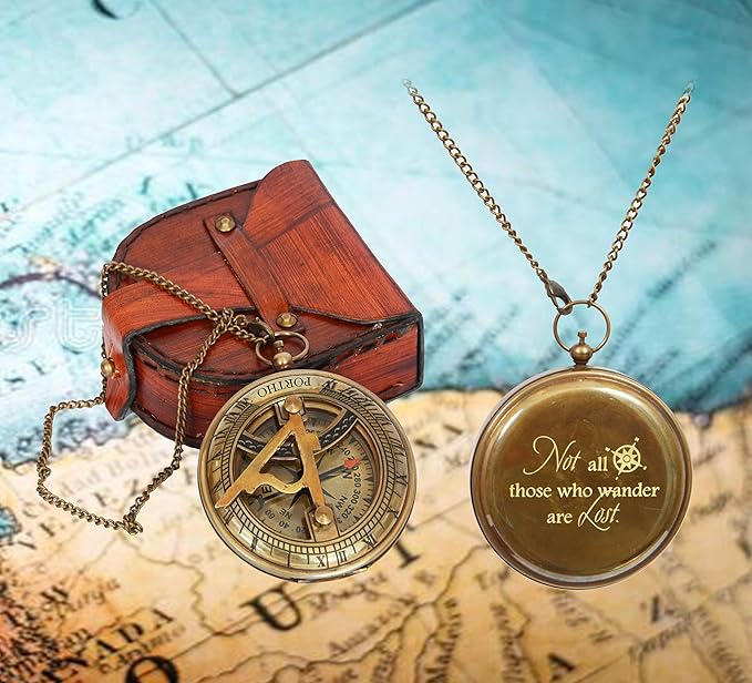 PORTHO Engraved Sundial Compass with Leather case for Traveler Inspirational Adventurer Wedding Baptism Gift for him