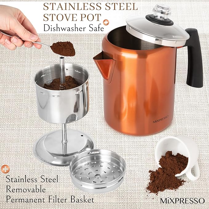 Mixpresso Copper Stainless Steel Coffee Percolator Stovetop, 37oz Classic Percolator Coffee Pot, Excellent For Camping Pot, 5-8 Cup Stove Top Coffee Maker, Cool-Touch Handle