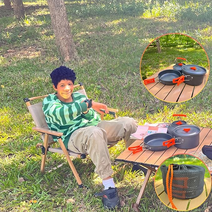Camping Cookware Set, 13in1 Camping Cookware, Non-Stick Lightweight Camping Pot and Pan Set with Stainless Steel Kettle Plates Spoon for Backpacking, Hiking, Outdoor Cooking and Picnic