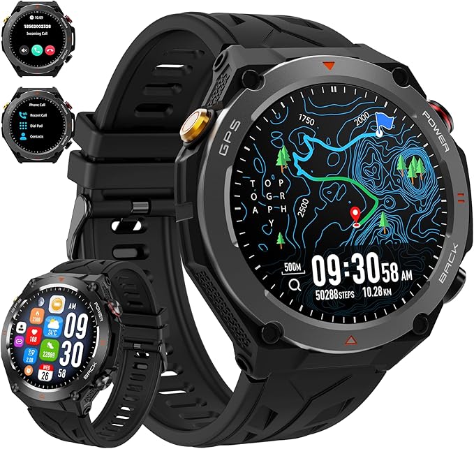 Military Smart Watch with GPS, Pressure/Altitude/Compass, Rugged Smartwatch for Men with 650mAh Extra-Large Battery, Answer/Make Call, 100+ Sports Mode, Metal Body Fitness Tracker for Android iOS