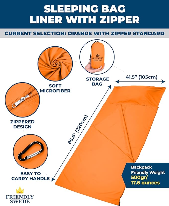 The Friendly Swede Sleeping Bag Liner - Cold Weather Camping Sheets & Adult Sleep Sack with Full Length Zipper; Microfiber Soft Travel Sheets for Hotel with Stuff Sack - Orange (Zipper)