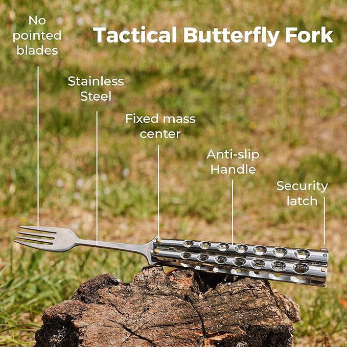Caliber Gourmet Tactical Butterfly knife style Fork-Folding Stainless Steel Camping Hiking BBQ Grill Picnic Flatware Utensil