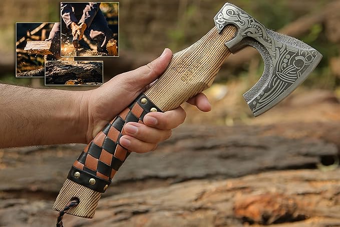 13” Inch Valhalla Axe – Carbon Steel Viking Axe Head with Engraved Handle, Hatchet Axe with Genuine Leather Sheath and Wrap, Camping Axe, Throwing Axe -Viking Gift for Men