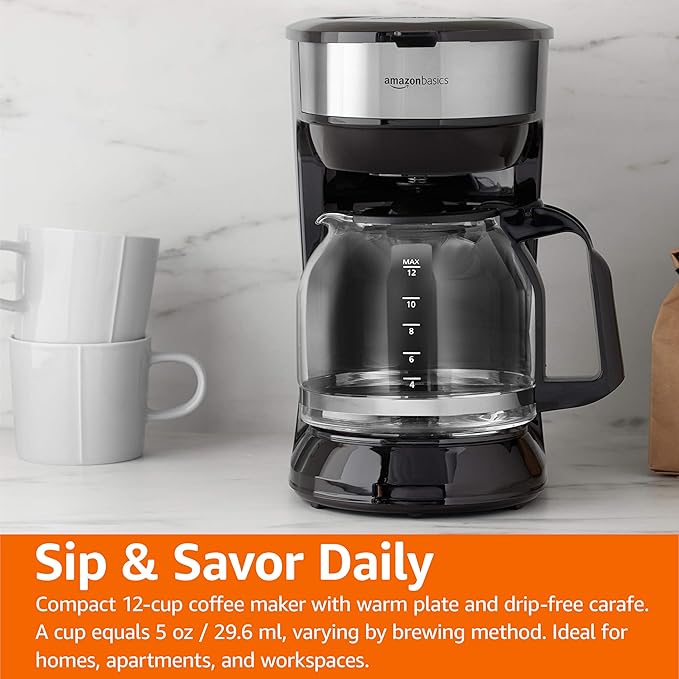 Amazon Basics Coffee Makers, 12-Cup Coffee Machines with Reusable Filter, Coffee Pots, Black & Stainless Steel