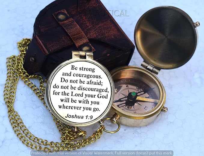 Brass Compass | Engraved Religious Joshua 1:9 Quote Gift, Be Strong & Courageous