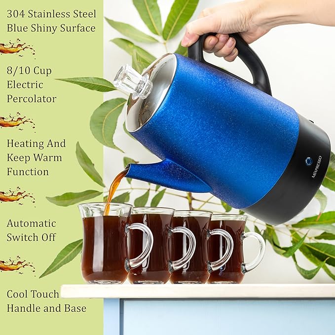 Mixpresso Percolator Coffee Pot Electric 10 Cup, Stainless Steel Coffee Maker, Coffee Percolator Electric With Keep Warm Function, 10 Cups Stainless Steel Perculator With Basket (Shiny Blue)