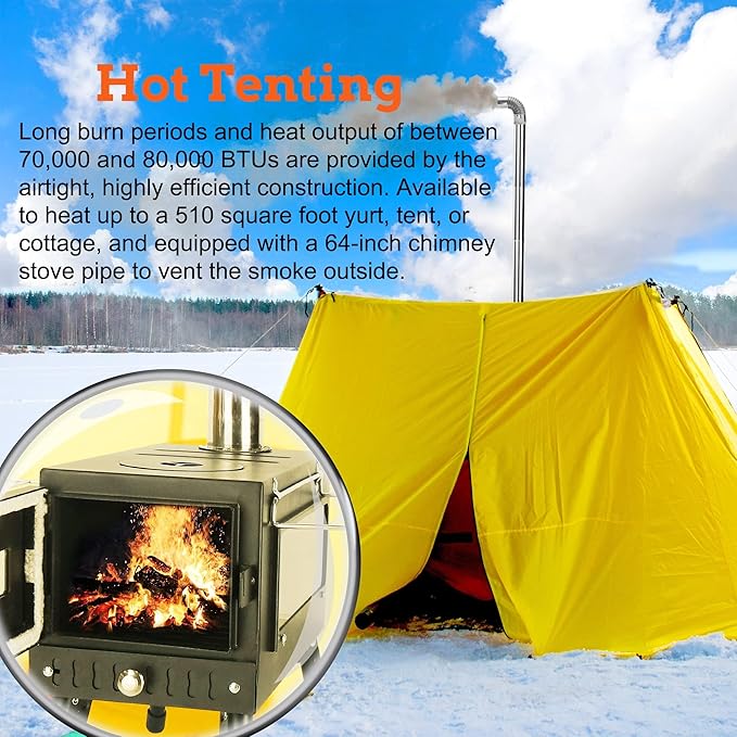 Outdoor Camping Stove, Portable Wood Burning Stove with Chimney Pipe for Tent, Shelter, Heating and Cooking (Pipe Diameter: 2.36")