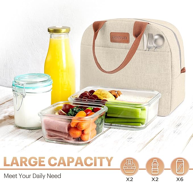 Lunch Bag for Women & Men Adult Insulated Lunch Box, Small Leakproof Cooler Food Lunch Containers Reusable High Capacity Lunch Tote Bags for Work, Travel, Outdoor (Beige)