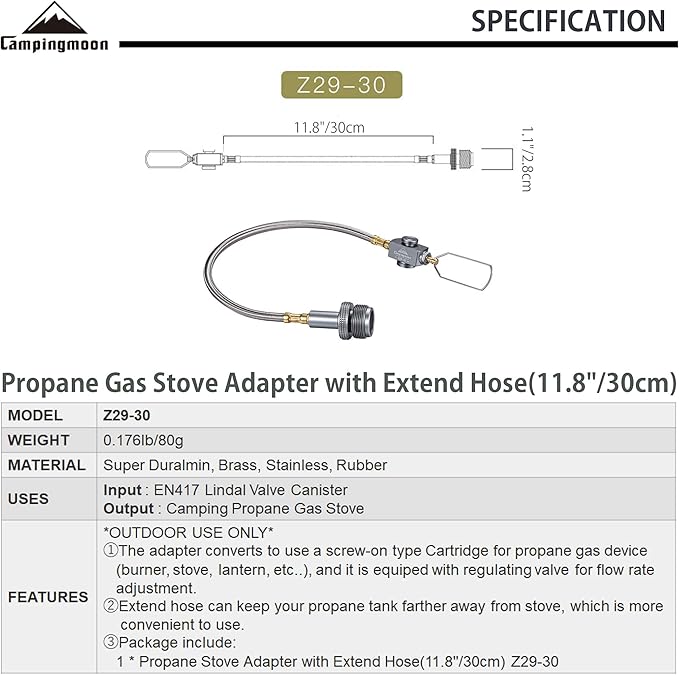 CAMPINGMOON CAG 600 Propane Torch Stove Adapter with Extend Hose(11.8"/30cm), Input: EN417 Lindal Valve Canister, Output: CAG 600 Propane Torch Stove Z29-30