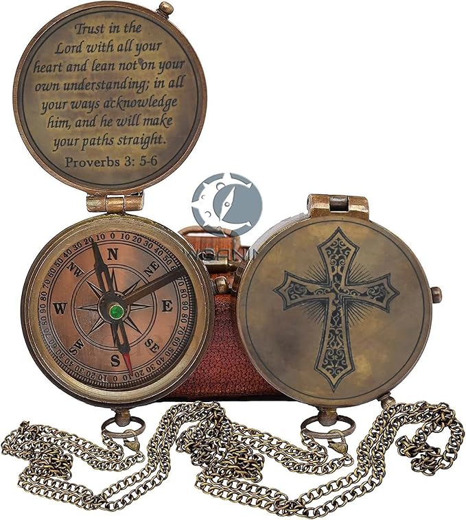 Trust in The Lord with All Your Heart -Proverbs 3: 5-6 Quote Engraved Compass with Leather Box, Compass Gift, 2023 Graduation Day Gifts- Baptism Gifts Compass