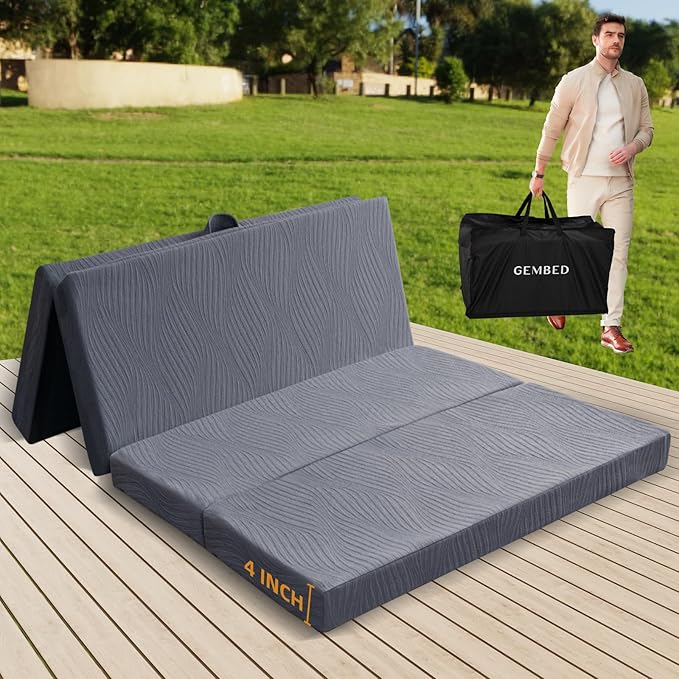 Memory Foam Camping Mattress Pad, 4 Inch Thick Waterproof Foldable Sofa Bed Floor Mattress, Portable Sleeping Pad for Adult, Sleeping Mat for Travel RV Camping Guest Yoga