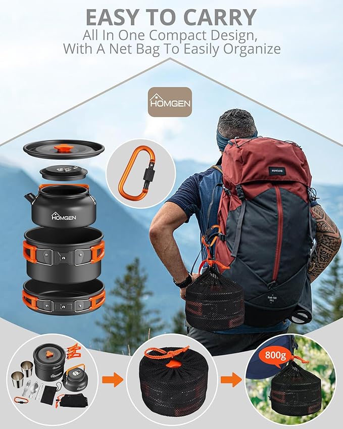 HOMGEN Camping Cooking Set Camping Pots and Pans Set Aluminium Camping Cookware Kit Protable Cooking Mess Kit Lightweight Camping Cooking Equipment for 2-3 People Perfect for Camping Picnic Hiking etc