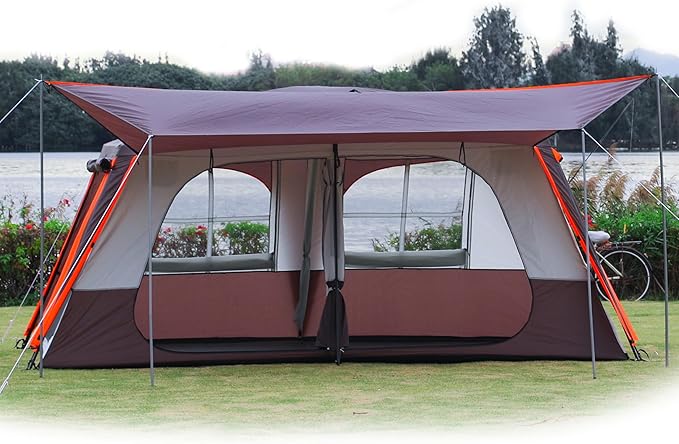 KTT Extra Large Tent 10-12-14 Person(B),Family Cabin Tents,2 Rooms,3 Doors and 3 Windows with Mesh,Straight Wall,Waterproof,Double Layer,Big Tent for Outdoor,Picnic,Camping,Family Gathering