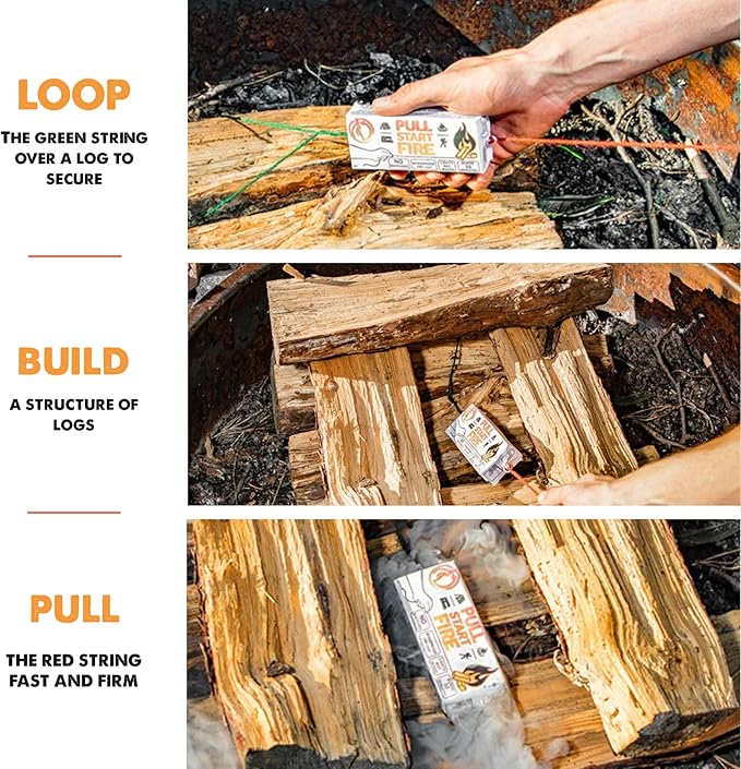 Pull Start Fire Pull String Firestarter | No Matches Required, Fire Starts in Seconds | for Campfires, Grill, Fireplace, BBQ | Lights Wet Wood, Easy to Use, Food Safe and Weather Resistant | 4 Pack