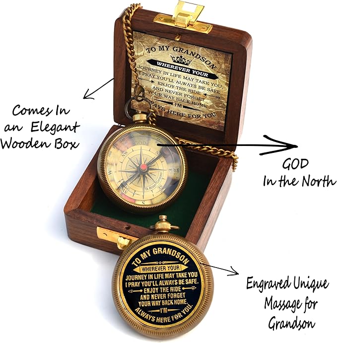 Gift for Grandson Brass Compass Engraved Quote | Memory Present to My Grandson Birthday, Baptism, Graduation, Confirmation, Love, Gift idea by Grandpa Grandma, 2025 Gift