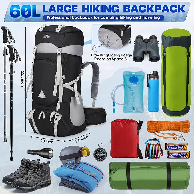 IGOLUMON 60L Hiking Backpack Waterproof Camping Backpack with Rain Cover Large Lightweight Backpacking Backpack for Men Women