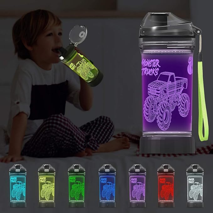 YuanDian 3D Glowing Water Bottle with 3D Monster Truck Design- 14 OZ Tritan BPA Free - Cool Drinking Cups Gift for School Kids Boy Girl Child Christmas Holiday