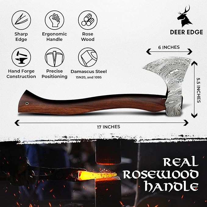 Damascus Axe | Wooden Axe | Axe with Leather Sheath | Wooden Handle