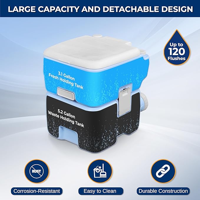 SereneLife 20L Portable Toilet for RV Camping, Boating, and Other Recreational Activities, 120 Flushes, Detachable Waste Tank with Hand Sprayer and Carry Bag, Comfortable Camping Toilet