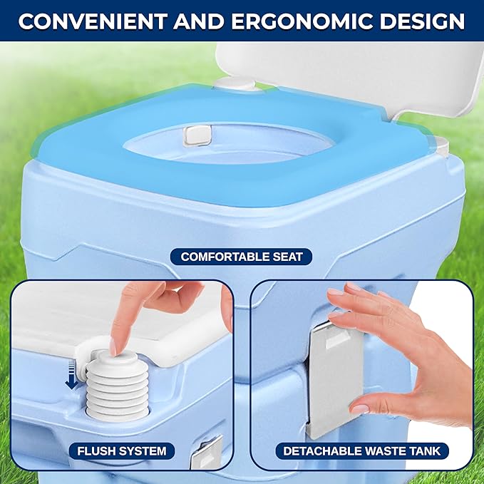 SereneLife 20L Portable Toilet for RV Camping, Boating, and Other Recreational Activities, 120 Flushes, Detachable Waste Tank with Hand Sprayer and Carry Bag, Comfortable Camping Toilet