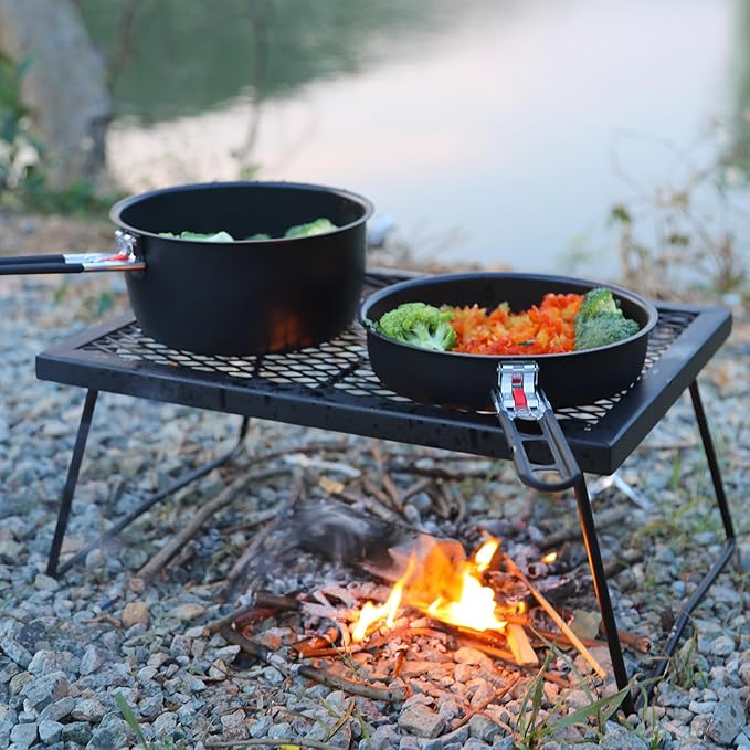 REDCAMP Camping Cookware Mess Kit with Folding Handle, Lightweight Non-Stick Camping Cooking Pot and Frying Pan with Mesh Bag for Outdoor Hiking Backpacking Picnic