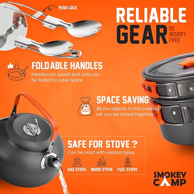 Camping Cookware Mess Kit Set with Stove - Backpacking Compact Camping Cookware, All in One Non-Stick Camping Cooking Set, Portable Stove, Hiking, Picnic, Outdoor & Camping Cookware Set