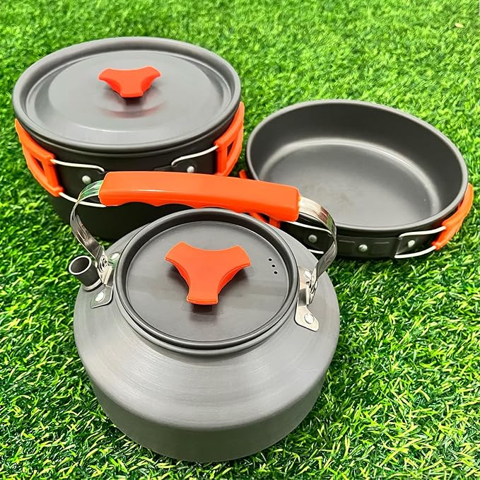 Camping Cookware Set, 13in1 Camping Cookware, Non-Stick Lightweight Camping Pot and Pan Set with Stainless Steel Kettle Plates Spoon for Backpacking, Hiking, Outdoor Cooking and Picnic