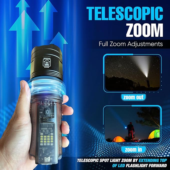 Solar Camping Flashlight, Ideal for Camping Essentials. This Midsize Heavy Duty Survival Gear Flash Light Includes A Black Light/UV Light & More. Essentials for Camping Gear & Hunting Gear